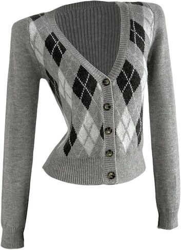 سترات كارديجان نسائية SweatyRocks للخريف بأكمام طويلة وسترة Argyle ورقبة على شكل حرف V وأزرار لأعلى in Saudi Arabia
