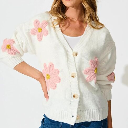 Womens Flower Knit Cardigans Long Sleeve Button-up Aesthetic 90s Knitted Fall Sweater Cardigans Tops in Saudi Arabia