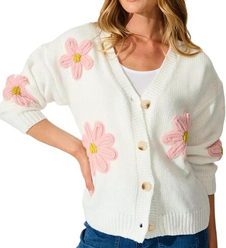 Womens Flower Knit Cardigans Long Sleeve Button-up Aesthetic 90s Knitted Fall Sweater Cardigans Tops in Saudi Arabia