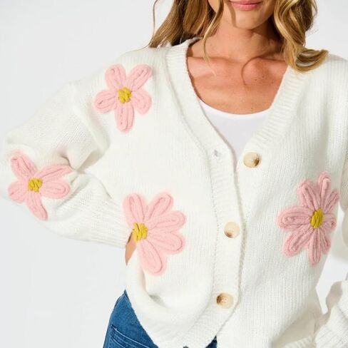Womens Flower Knit Cardigans Long Sleeve Button-up Aesthetic 90s Knitted Fall Sweater Cardigans Tops in Saudi Arabia