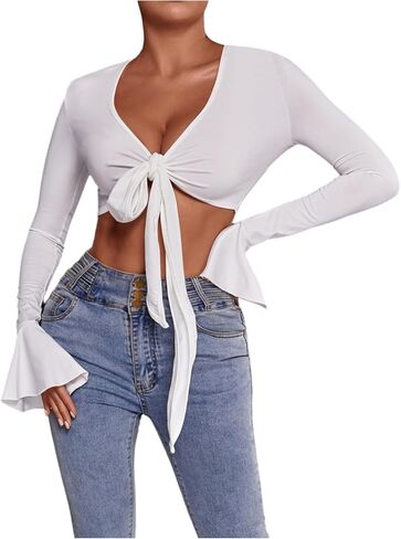 Floerns Women's Bell Sleeve Tie Front Crop Top Long Sleeve V Neck Slim Fit Blouse in Saudi Arabia