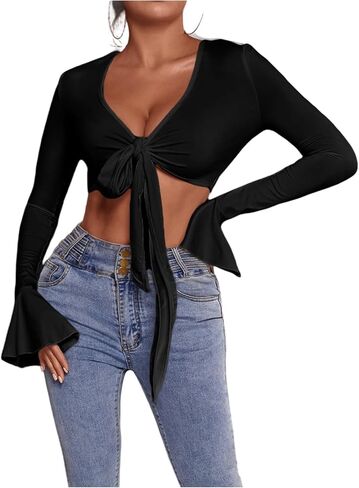 Floerns Women's Bell Sleeve Tie Front Crop Top Long Sleeve V Neck Slim Fit Blouse in Saudi Arabia