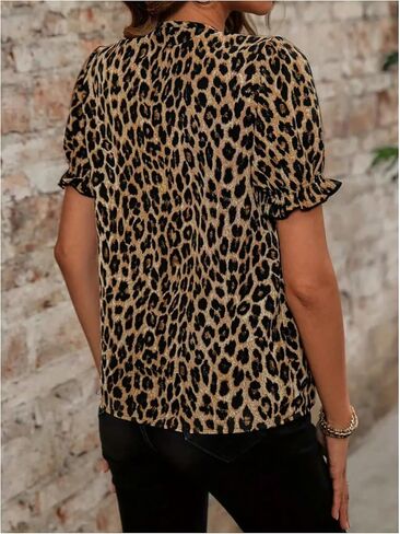 Milumia Women's Leopard Print Ruffle Trim Blouse V Neck Short Puff Sleeve Casual Work Shirt Tops in Saudi Arabia