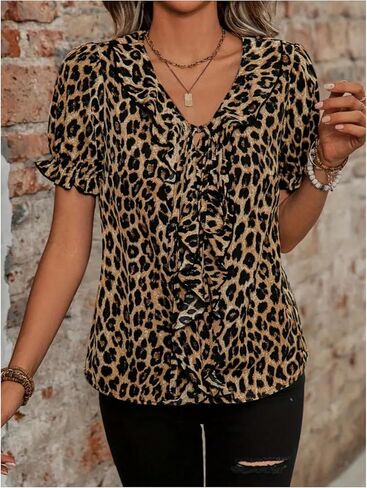 Milumia Women's Leopard Print Ruffle Trim Blouse V Neck Short Puff Sleeve Casual Work Shirt Tops in Saudi Arabia
