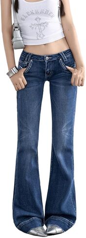 جينز نسائي منخفض الارتفاع متوهج راعية البقر Bootcut فضفاض من قماش الدنيم 90s جينز كلاسيكي ذو جرس سفلي مع جيوب in Kuwait