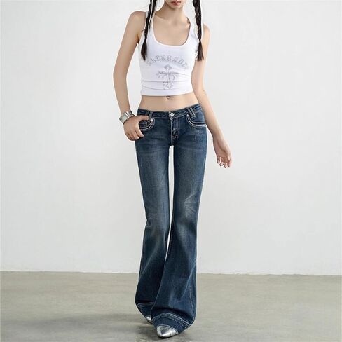 جينز نسائي منخفض الارتفاع متوهج راعية البقر Bootcut فضفاض من قماش الدنيم 90s جينز كلاسيكي ذو جرس سفلي مع جيوب in Kuwait