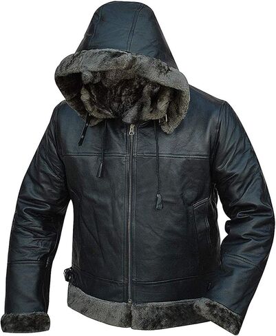 J'Jackin Men's RAF B3 Sheepskin Aviator Flight Leather Bomber Jacket Coat With Removable Hood for Men in Saudi Arabia
