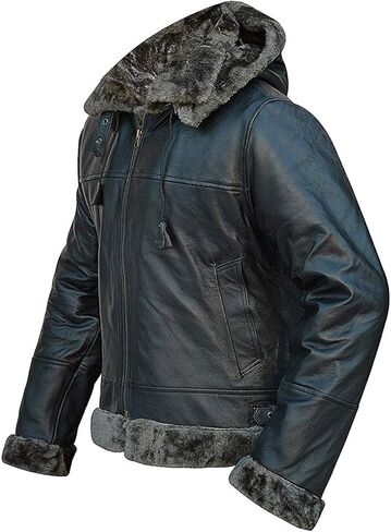 J'Jackin Men's RAF B3 Sheepskin Aviator Flight Leather Bomber Jacket Coat With Removable Hood for Men in Saudi Arabia