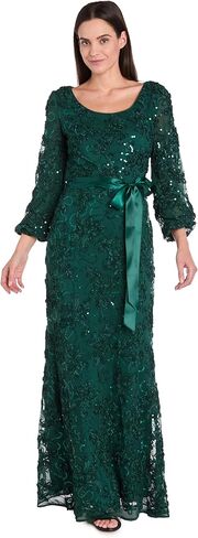 R&M Richards Women's Long Floral Soutache Sequin Lace Evening Gown W/Sheer Balloon Sleeves & Waist Tie in Saudi Arabia