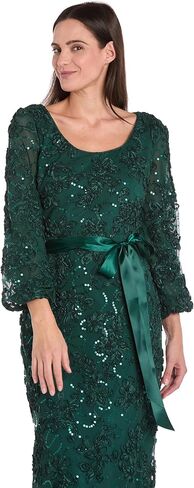 R&M Richards Women's Long Floral Soutache Sequin Lace Evening Gown W/Sheer Balloon Sleeves & Waist Tie in Saudi Arabia