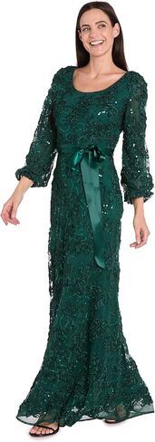 R&M Richards Women's Long Floral Soutache Sequin Lace Evening Gown W/Sheer Balloon Sleeves & Waist Tie in Saudi Arabia