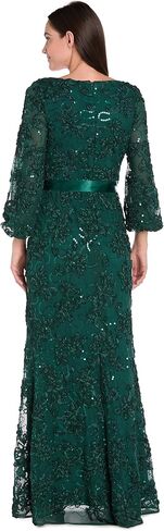 R&M Richards Women's Long Floral Soutache Sequin Lace Evening Gown W/Sheer Balloon Sleeves & Waist Tie in Saudi Arabia
