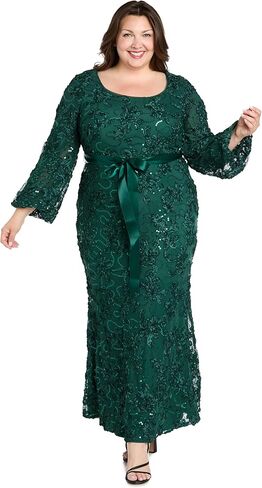 R&M Richards Women's Long Floral Soutache Sequin Lace Evening Gown W/Sheer Balloon Sleeves & Waist Tie in Saudi Arabia