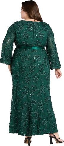 R&M Richards Women's Long Floral Soutache Sequin Lace Evening Gown W/Sheer Balloon Sleeves & Waist Tie in Saudi Arabia