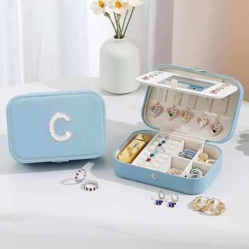 Personalized Jewelry Box Sky Blue Travel Jewelry Case with Initial Small Monogrammed Necklace Bracelet Case Organizer for Her Women Sister Daughter Travel Essentials Gifts for Birthday Christmas in Saudi Arabia