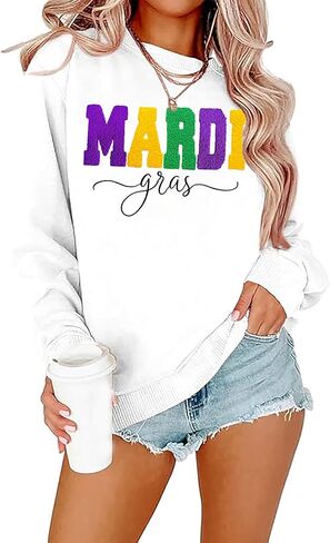 Women Mardi Gras Sweatshirt New Orleans Carnival Outfit Chenille Patch Pullover Tops Fat Tuesday Sweatshirt in Saudi Arabia