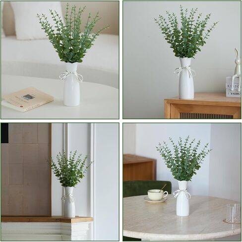 Faux Plants Indoor - Artificial Eucalyptus Stems in White Vase, Small Fake Greenery for Farmhouse Home Decor, Bathroom, Office, Classroom & Kitchen (Sage Green) in Saudi Arabia