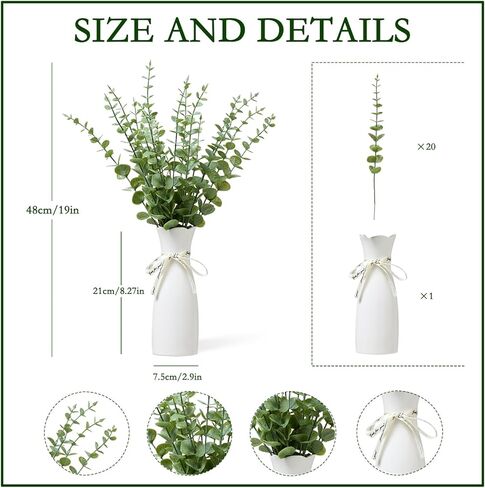 Faux Plants Indoor - Artificial Eucalyptus Stems in White Vase, Small Fake Greenery for Farmhouse Home Decor, Bathroom, Office, Classroom & Kitchen (Sage Green) in Saudi Arabia