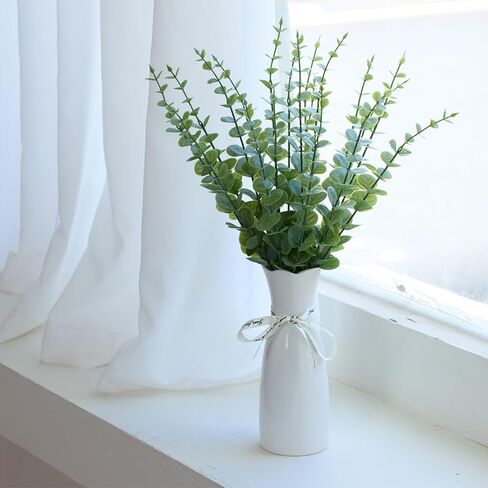 Faux Plants Indoor - Artificial Eucalyptus Stems in White Vase, Small Fake Greenery for Farmhouse Home Decor, Bathroom, Office, Classroom & Kitchen (Sage Green) in Saudi Arabia