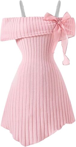 Floerns Girl's Bow Front Off The Shoulder Knit Dress Short Sleeve Birthday Hanky Hem A Line Dresses in Saudi Arabia