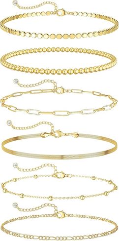 DEARMAY أساور سلسلة فضية أنيقة للنساء العصرية، مجموعات مجوهرات من الفضة الإسترليني/الذهب مقاومة للماء، قابلة للتكديس مطرزة بالخرز فيجارو متعرجة، سلسلة سوار حزمة هدايا للنساء in Kuwait