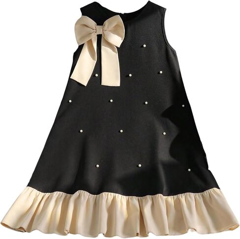 OYOANGLE Girl's Pearl Beaded Sleeveless Bow Dress Ruffle Hem A Line Midi Dresses Birthday Outfits in Saudi Arabia