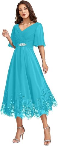 فستان شيفون نسائي لأم العروس بأكمام 1/2 ورقبة على شكل حرف V وطول الشاي فساتين سهرة رسمية in Kuwait