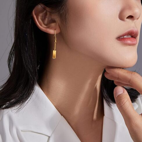 ZHOU LIU FU 24K Solid Gold Earrings Real Pure Gold Dangle Earrings Lightweight Dainty Fashion Rectangle Drop Earrings for Women Mother Lover in Saudi Arabia