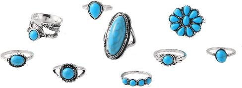 Bohemian Western Turquoise Oval Geometric Stackable Rings Set Midi Crystal Gemstone Knuckle Flower Carved for Women Holiday Beach Summer Boho Jewelry-F in Saudi Arabia