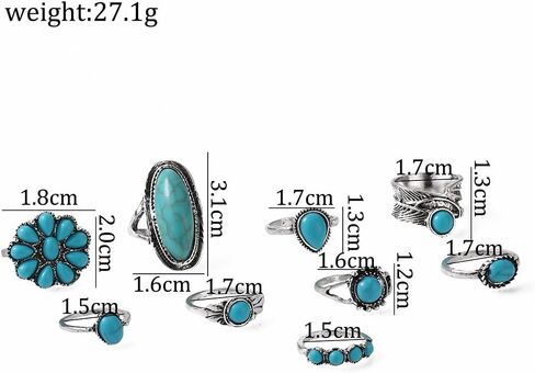 Bohemian Western Turquoise Oval Geometric Stackable Rings Set Midi Crystal Gemstone Knuckle Flower Carved for Women Holiday Beach Summer Boho Jewelry-F in Saudi Arabia