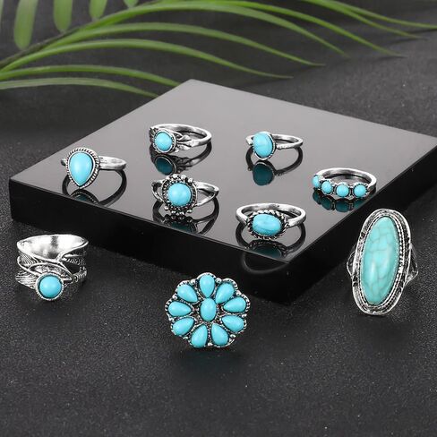Bohemian Western Turquoise Oval Geometric Stackable Rings Set Midi Crystal Gemstone Knuckle Flower Carved for Women Holiday Beach Summer Boho Jewelry-F in Saudi Arabia