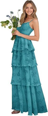 فساتين وصيفات العروس ذات الأزهار من Sevintage للنساء بأشرطة سباغيتي طويلة وطبقات من فساتين الحفلات الرسمية in Kuwait