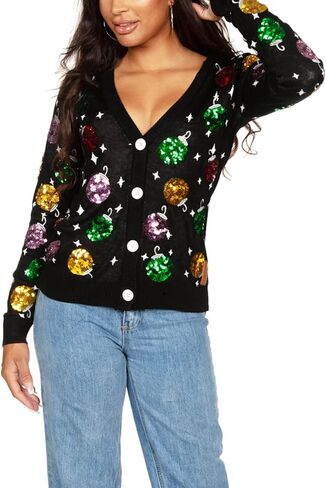 Tipsy Elves Classic Cute Cardigan Ugly Christmas Sweaters for Women with Fun Patterns and Animals - Women's Colorful Black Deck The Disco Balls Christmas Cardigan Size 1X in Kuwait