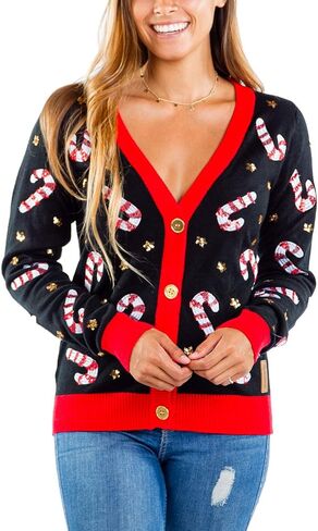 Tipsy Elves Classic Cute Cardigan Ugly Christmas Sweaters for Women with Fun Patterns and Animals - Women's Colorful Black Deck The Disco Balls Christmas Cardigan Size 1X in Kuwait