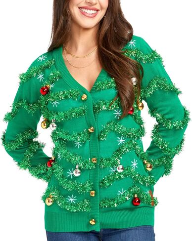 Tipsy Elves Classic Cute Cardigan Ugly Christmas Sweaters for Women with Fun Patterns and Animals - Women's Colorful Black Deck The Disco Balls Christmas Cardigan Size 1X in Kuwait
