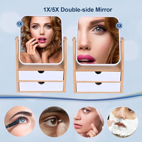 مرآة مكياج مكبرة 1x / 5X، صندوق تخزين المجوهرات ومستحضرات التجميل مع أدراج مزدوجة، حامل من الخيزران الطبيعي قابل للتعديل، مرآة سطح مكتب عمودية قابلة للدوران 360 درجة (1، مستطيل) in Saudi Arabia