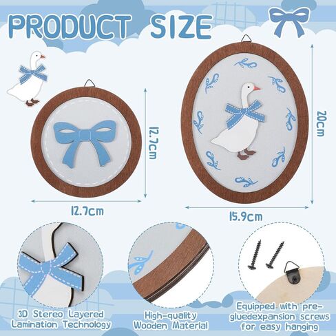 2 Pcs Goose Nursery Decor, Wood Vintage Silly Goose Wall Art, Funny Duck with Blue Bow, Cute Duck Decor, Wooden Round Framed Wall Hanging Decoration for Nursery Baby Room Playroom Bedroom in Saudi Arabia
