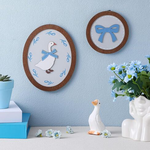 2 Pcs Goose Nursery Decor, Wood Vintage Silly Goose Wall Art, Funny Duck with Blue Bow, Cute Duck Decor, Wooden Round Framed Wall Hanging Decoration for Nursery Baby Room Playroom Bedroom in Saudi Arabia