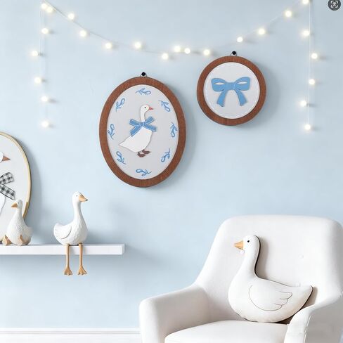 2 Pcs Goose Nursery Decor, Wood Vintage Silly Goose Wall Art, Funny Duck with Blue Bow, Cute Duck Decor, Wooden Round Framed Wall Hanging Decoration for Nursery Baby Room Playroom Bedroom in Saudi Arabia
