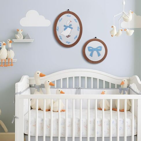 2 Pcs Goose Nursery Decor, Wood Vintage Silly Goose Wall Art, Funny Duck with Blue Bow, Cute Duck Decor, Wooden Round Framed Wall Hanging Decoration for Nursery Baby Room Playroom Bedroom in Saudi Arabia