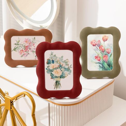 مجموعة إطارات صور صدفية مقاس 4×6 من Vicenpal مكونة من 3 إطارات صور منحنية لطيفة، عرض صور ملون من القماش لسطح الطاولة والجدار، ديكور منزلي قديم وأصدقاء العائلة وهدايا الزفاف (أخضر، أحمر، بني) in Kuwait