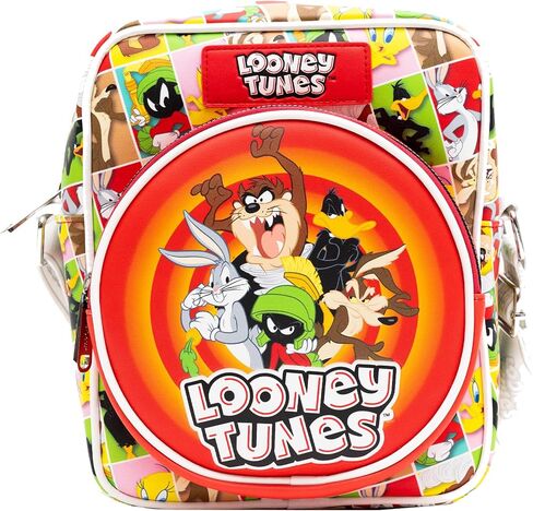 Looney Tunes Vegan Leather Crossbody Bag with Front and Back Zip Pocket, Looney Tunes Bullseye Group Pose and Character Block Poses, 8.5" x 10.0" in Saudi Arabia