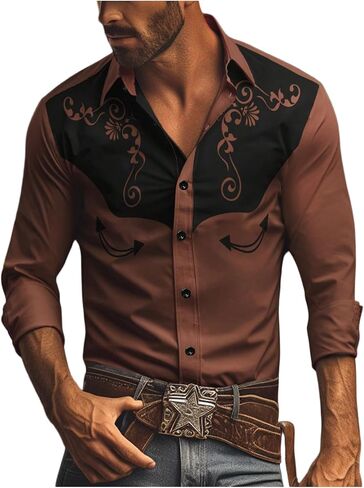 Men's Western Cowboy Shirt Graphic Button Down Vintage Retro Collared Long Sleeve Shirt Top in Saudi Arabia