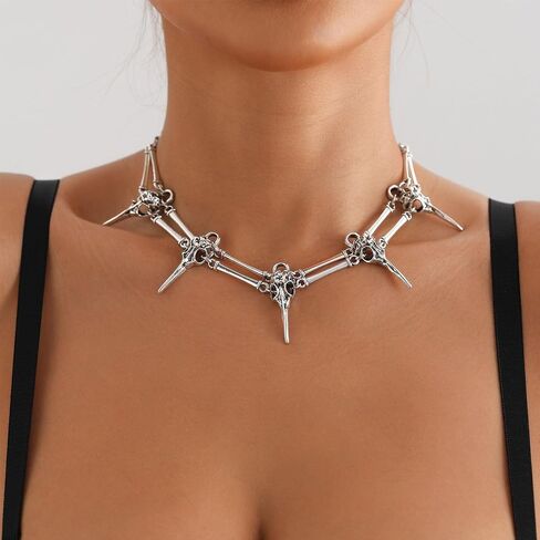 Punk Choker Necklace for Women Men Tassel Black Pearls Beads with Spike Necklace Raven Skull Necklace Gothic Jewelry Gifts in Saudi Arabia