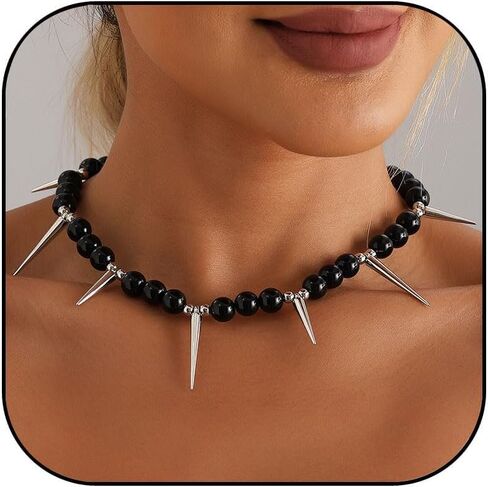 Punk Choker Necklace for Women Men Tassel Black Pearls Beads with Spike Necklace Raven Skull Necklace Gothic Jewelry Gifts in Saudi Arabia