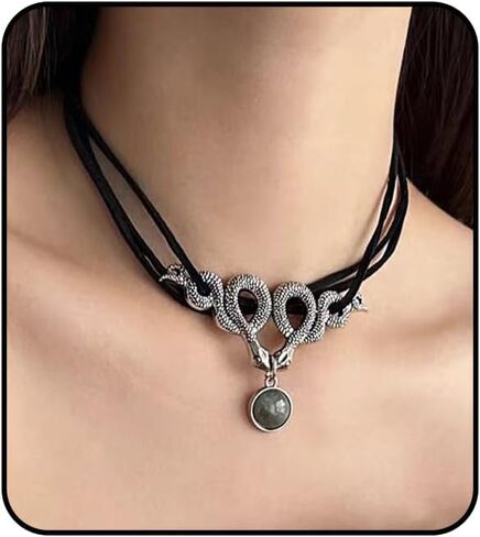 RLHRNDE Gothic Snake Necklace for Women Double Snake Play Gemstone Black Choker Vintage Crystal Pendant Halloween Christmas Jewelry Gift in Saudi Arabia