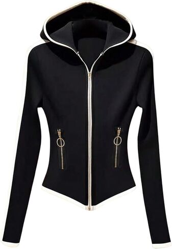 GORGLITTER Women's Zip Up Hoodie Y2k Color Block Long Sleeve Slim Fit Fleece Hooded Jacket in Saudi Arabia