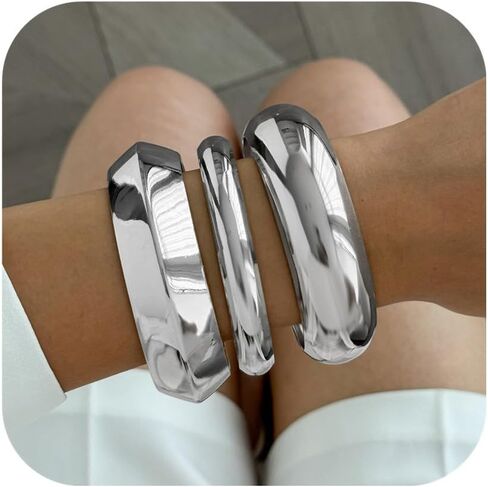 inactwin 3pcs أساور الذهب مكتنزة للنساء كومة العصرية واسعة المعصم بيان الإسورة الفضة الكفة الأساور الأزياء والمجوهرات هدية الملحقات in Kuwait