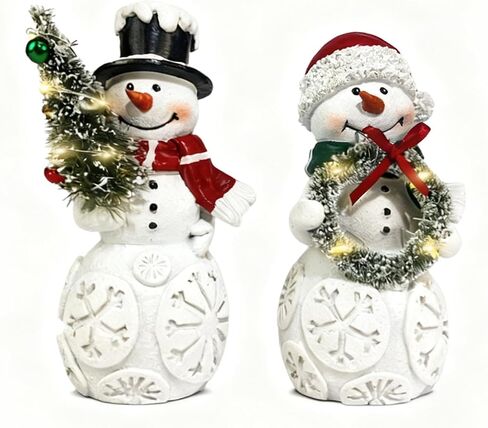 مجموعة زينة عيد الميلاد لرجل الثلج مكونة من قطعتين مع أضواء LED، تماثيل رجل ثلج تضيء من الراتنج مع شجرة وإكليل، ديكور سطح الطاولة للعطلات يعمل بالبطارية لمنزل عيد الميلاد، رف، رف، هدية in Kuwait