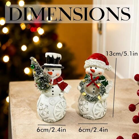 مجموعة زينة عيد الميلاد لرجل الثلج مكونة من قطعتين مع أضواء LED، تماثيل رجل ثلج تضيء من الراتنج مع شجرة وإكليل، ديكور سطح الطاولة للعطلات يعمل بالبطارية لمنزل عيد الميلاد، رف، رف، هدية in Kuwait